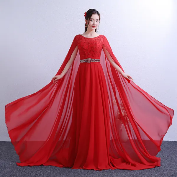 Chic / Beautiful Red Chapel Train Evening Dresses  2018 A-Line / Princess With Cloak U-Neck Chiffon Beading Crystal Rhinestone Evening Party Formal Dresses