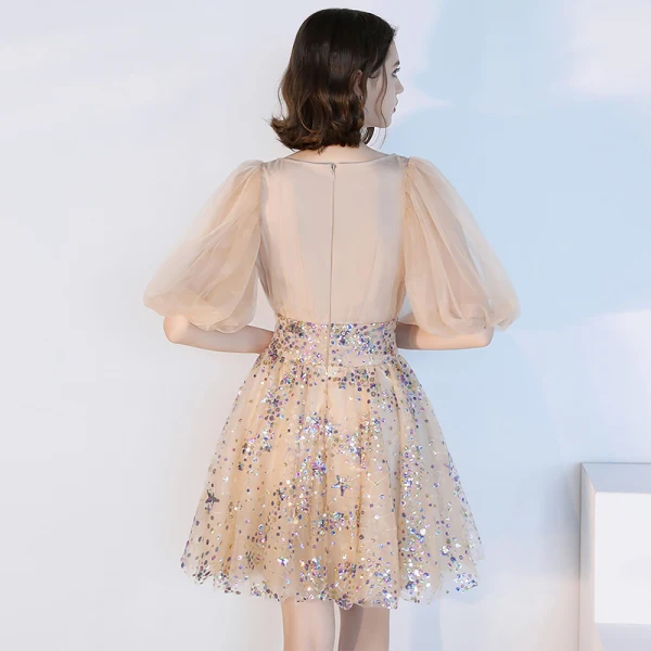 Sparkly Bling Bling Champagne Party Dresses 2018 Tulle V-Neck A-Line / Princess 1/2 Sleeves Beading Sequins Short Cocktail Party Formal Dresses
