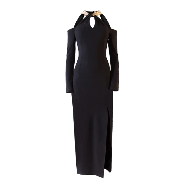 Schlicht Sexy Schwarz Abendkleider 2018 Mermaid Wadenlang Charmeuse Neckholder Rückenfreies Perlenstickerei Pailletten Festliche Kleider