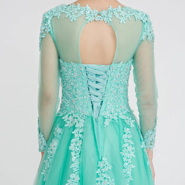 Klassisch Elegante Lindgrün Abendkleider 2020 A Linie Lange Lange Ärmel U-Ausschnitt Applikationen Rückenfreies Perlenstickerei Strass Abend Festliche Kleider