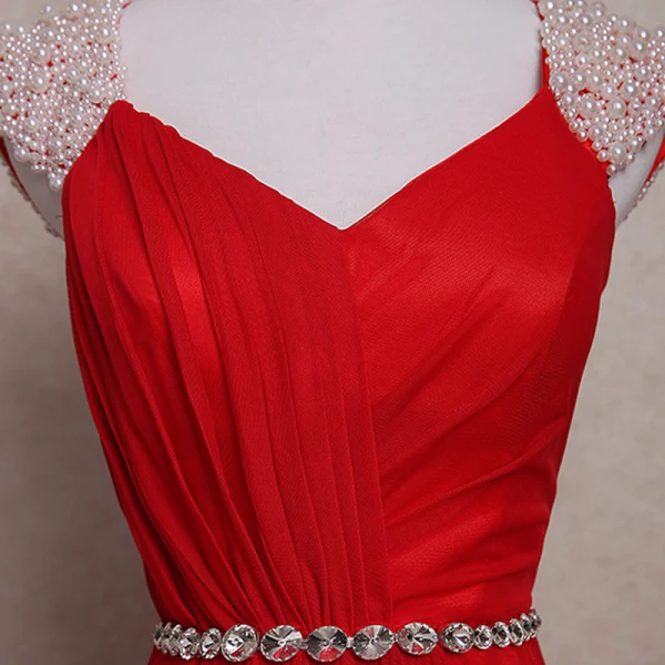 Chic / Beautiful 2017 Red Evening Dresses  V-Neck Striped Backless Pearl A-Line / Princess Formal Dresses