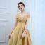 Chic / Beautiful Gold Evening Dresses  2017 A-Line / Princess Off-The-Shoulder Charmeuse Striped Ruffle Evening Party Formal Dresses