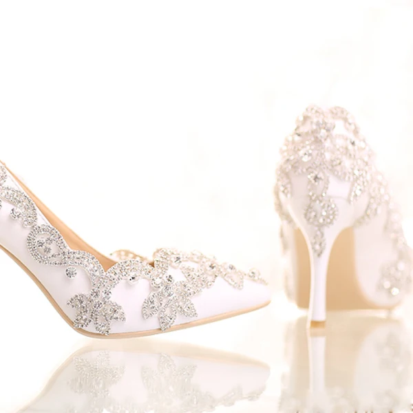 Chic / Beautiful 2017 9 cm White Casual Church PU Crystal Rhinestone High Heels Stiletto Heels Pumps Wedding Shoes