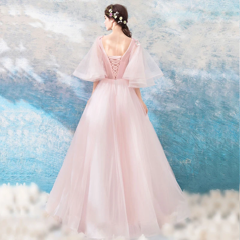 Chic Beautiful Pearl Pink Prom Dresses 2018 A-Line Princess Floor-Length Long V-Neck