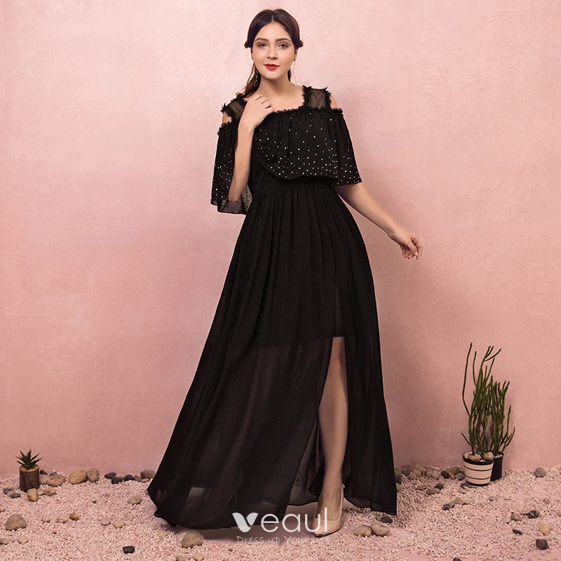 Classic Elegant Black Plus Size Evening Dresses A-Line / Princess 2018 Tulle  V-Neck Backless Evening Party Formal Dresses