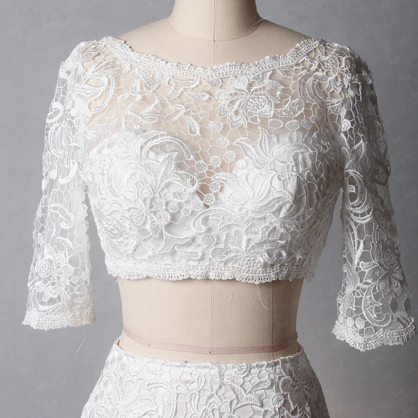 2 Piece Classic Elegant Ivory Court Train Wedding 2018 Trumpet / Mermaid U-Neck Lace-up Appliques Backless Embroidered Wedding Dresses