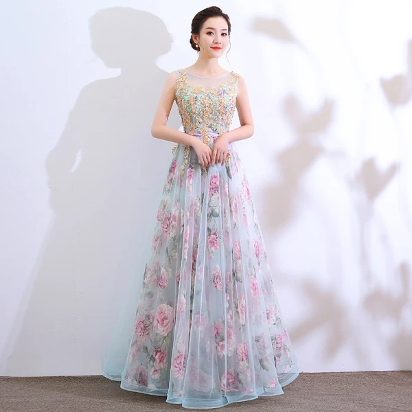 Chic / Beautiful Multi-Colors Floor-Length / Long Evening Dresses  2018 A-Line / Princess U-Neck Tulle Appliques Backless Beading Printing Evening Party Formal Dresses