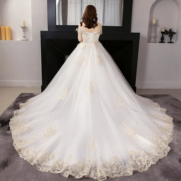 Luxury / Gorgeous White Plus Size Ball Gown Wedding Dresses 2019 Lace Tulle Appliques Backless Embroidered Strapless Cathedral Train Wedding