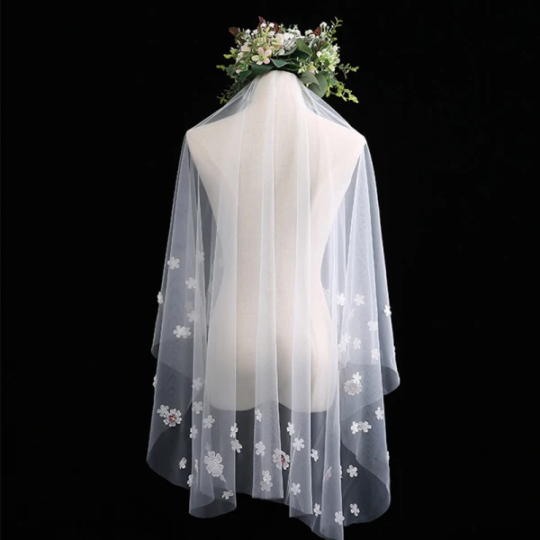 Fine Hvit Korte Brudeslør Blonder Blomst Chiffon Bryllup Tilbehør 2019