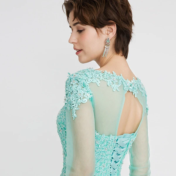 Klassisch Elegante Lindgrün Abendkleider 2020 A Linie Lange Lange Ärmel U-Ausschnitt Applikationen Rückenfreies Perlenstickerei Strass Abend Festliche Kleider