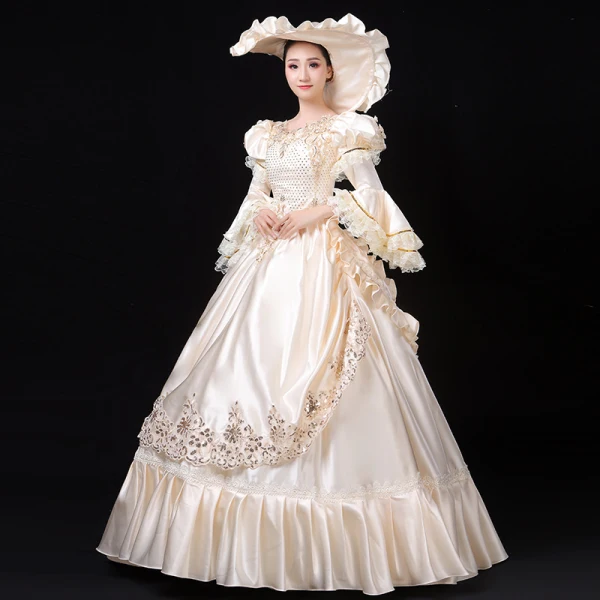 Vintage / Retro Medieval Elegant Ivory Ball Gown Prom Dresses 2021 U-Neck Long Sleeve Floor-Length / Long 3D Lace Beading Sequins Handmade Cosplay Prom Formal Dresses