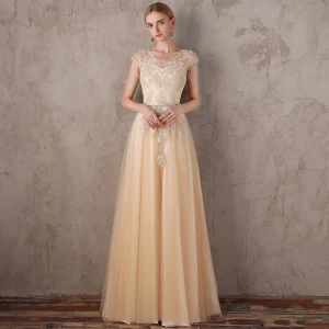 Snygga Fina Champagne Aftonklänningar 2017 Prinsessa Spets V Hals Appliqués Halterneck Beading Afton Formella Klänningar