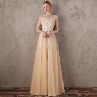 Hermoso Champán Vestidos De Noche 2017 A Line Princess De Encaje V Cuello Apliques Sin Espalda Rebordear Noche Vestidos Formales