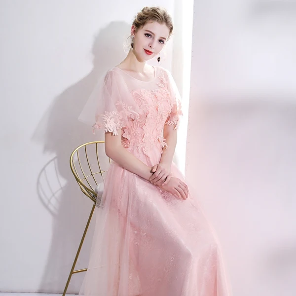 Modern / Fashion Pearl Pink Evening Dresses 2017 Trumpet / Mermaid U-Neck Tulle Appliques Backless Beading Evening Party Formal Dresses