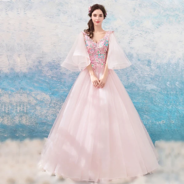 Chic / Beautiful Pearl Pink Prom Dresses 2018 A-Line / Princess Floor-Length / Long V-Neck Tulle Appliques Backless Beading Prom Formal Dresses
