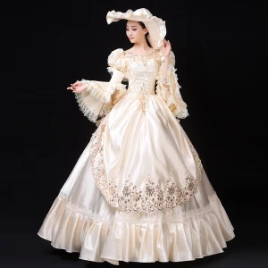Vintage Retro Medieval Elegant Ivory Ball Gown Prom Dresses 2021 U Neck Long Sleeve Floor Length Long 3d Lace Beading Sequins Handmade Cosplay Prom Formal Dresses