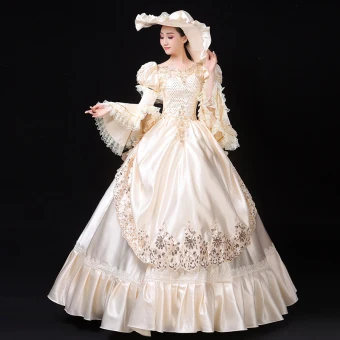 Vintage Retro Medieval Elegant Ivory Ball Gown Prom Dresses 2021 U Neck Long Sleeve Floor Length Long 3d Lace Beading Sequins Handmade Cosplay Prom Formal Dresses