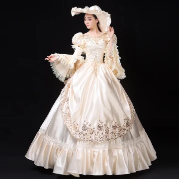Vintage Retro Medieval Elegant Ivory Ball Gown Prom Dresses 2021 U Neck Long Sleeve Floor Length Long 3d Lace Beading Sequins Handmade Cosplay Prom Formal Dresses