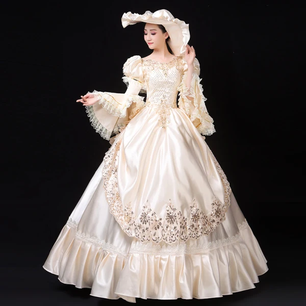 Vintage / Retro Medieval Elegant Ivory Ball Gown Prom Dresses 2021 U-Neck Long Sleeve Floor-Length / Long 3D Lace Beading Sequins Handmade Cosplay Prom Formal Dresses