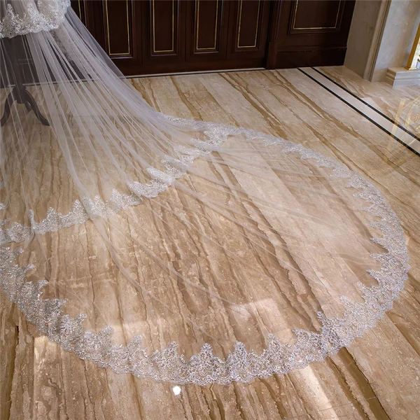 Luxury / Gorgeous White Royal Train Wedding Lace Tulle Appliques 4 m Wedding Veils 2018