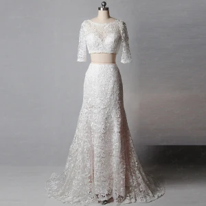 2 Pièces Classique Élégant Ivoire Tribunal Train Mariage 2018 Trompette Sirène U Cou Lacer Appliques Dos Nu Brodé Robe De Mariée