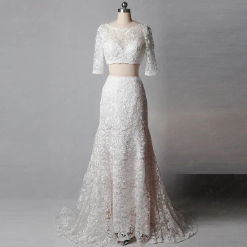 2 Piece Classic Elegant Ivory Court Train Wedding 2018 Trumpet Mermaid U Neck Lace Up Appliques Backless Embroidered Wedding Dresses