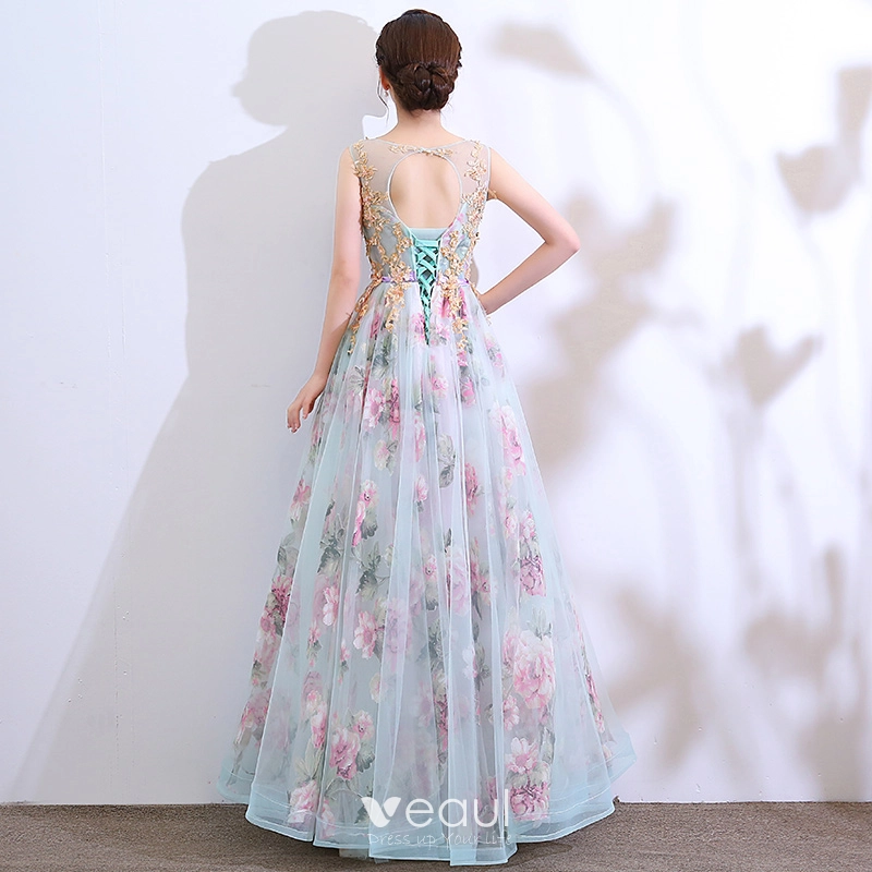 Chic Beautiful Multi Colors Floor Length Long Evening Dresses 2018 A Line Princess U Neck Tulle Appliques Backless Beading Printing Evening Party Formal Dresses