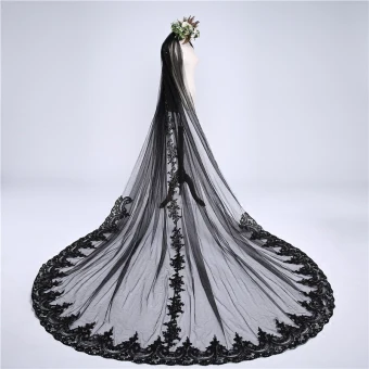 Baroque Black Cathedral Train Wedding Tulle Lace Up Appliques Wedding Veils 2018