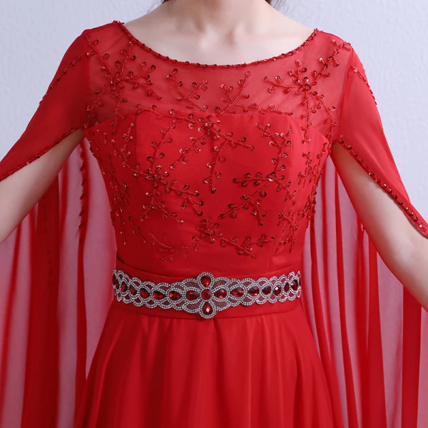 Chic / Beautiful Red Chapel Train Evening Dresses 2018 A-Line / Princess With Cloak U-Neck Chiffon Beading Crystal Rhinestone Evening Party Formal Dresses