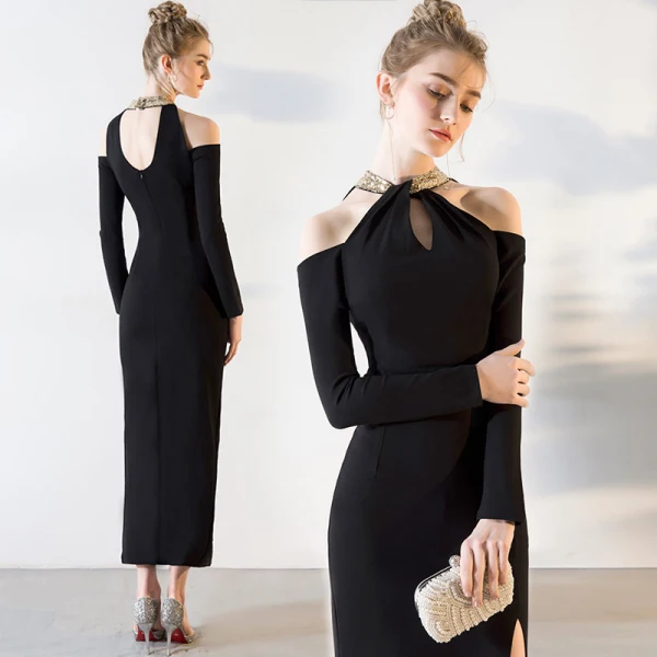 Schlicht Sexy Schwarz Abendkleider 2018 Mermaid Wadenlang Charmeuse Neckholder Rückenfreies Perlenstickerei Pailletten Festliche Kleider