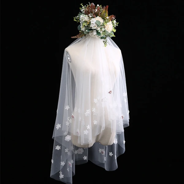 Fine Hvit Korte Brudeslør Blonder Blomst Chiffon Bryllup Tilbehør 2019