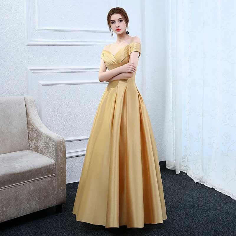 Chic Beautiful Gold Evening Dresses 2017 A Line Princess Off The Shoulder  Charmeuse Striped Ruffle Evening Party Formal Dresses