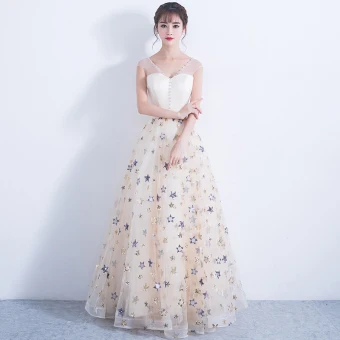 Chic Belle Champagne Robe De Soirée 2017 Princesse V Cou Dentelle Appliques Dos Nu Perlage Fait Main Soirée Robe De Bal