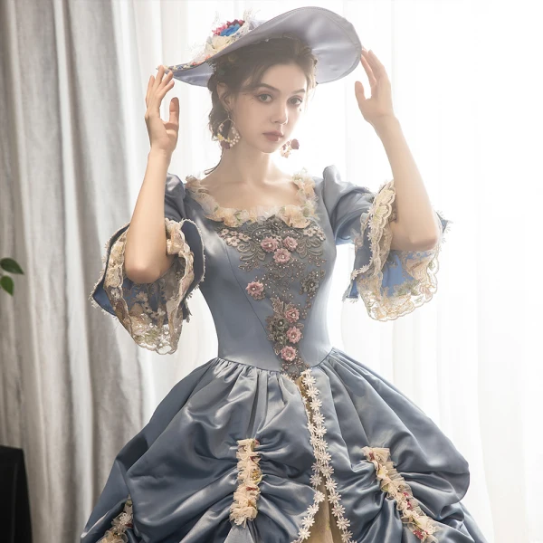 Vintage / Retro Medieval Champagne Ball Gown Prom Dresses 2021 Square Neckline 1/2 Sleeves Floor-Length / Long 3D Lace Handmade Flower Backless Beading Rhinestone Cosplay Prom Formal Dresses