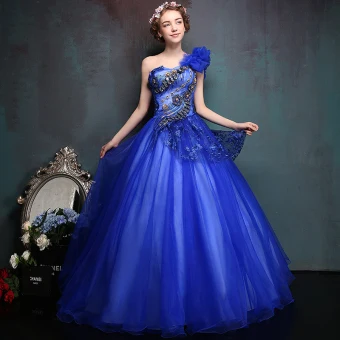 Abordable Bleu Roi Robe De Bal 2017 Tulle Une Épaule Robe Boule Appliques Dos Nu Perlage Promo Robe De Ceremonie