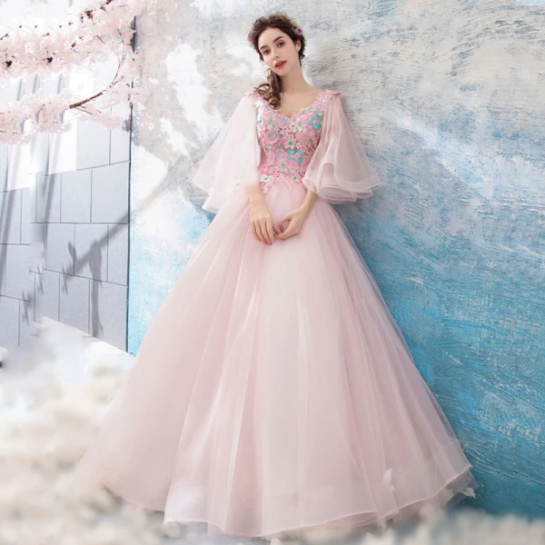 Chic / Beautiful Pearl Pink Prom Dresses 2018 A-Line / Princess Floor-Length / Long V-Neck Tulle Appliques Backless Beading Prom Formal Dresses