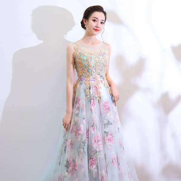 Chic / Beautiful Multi-Colors Floor-Length / Long Evening Dresses  2018 A-Line / Princess U-Neck Tulle Appliques Backless Beading Printing Evening Party Formal Dresses