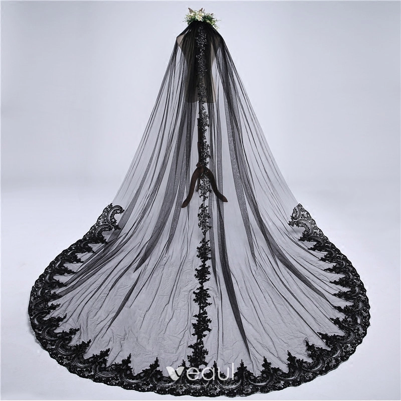 Baroque Black Cathedral Train Wedding Tulle Lace-up Appliques Wedding ...