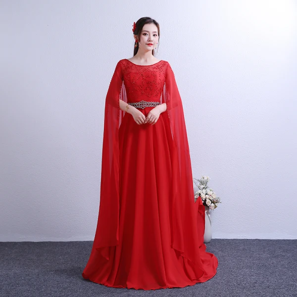 Chic / Beautiful Red Chapel Train Evening Dresses 2018 A-Line / Princess With Cloak U-Neck Chiffon Beading Crystal Rhinestone Evening Party Formal Dresses