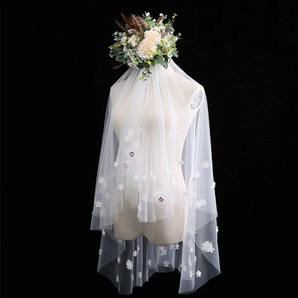 Fine Hvit Korte Brudeslør Blonder Blomst Chiffon Bryllup Tilbehør 2019