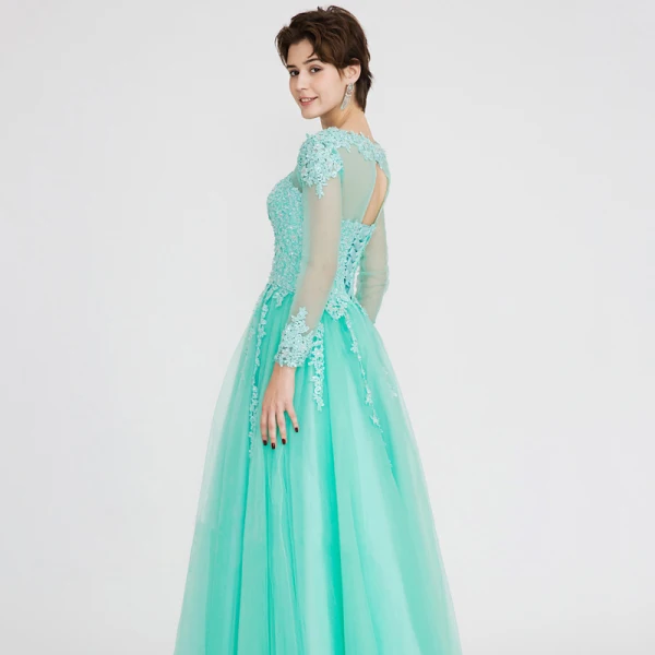 Klassisch Elegante Lindgrün Abendkleider 2020 A Linie Lange Lange Ärmel U-Ausschnitt Applikationen Rückenfreies Perlenstickerei Strass Abend Festliche Kleider