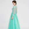 Classic Elegant Mint Green Evening Dresses  2020 A-Line / Princess Floor-Length / Long Long Sleeve U-Neck Appliques Backless Beading Rhinestone Evening Party Formal Dresses