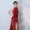 Amazing / Unique Red Evening Dresses  2017 Trumpet / Mermaid High Neck Lace Butterfly Appliques Backless Evening Party Formal Dresses