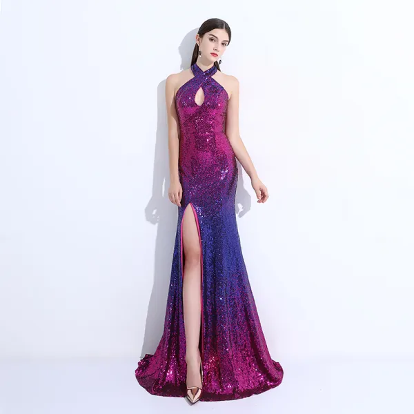 Chic / Beautiful Royal Blue Evening Dresses  2017 Trumpet / Mermaid Halter Backless Sequins Polyester Evening Party Formal Dresses