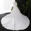 Modest / Simple White Plus Size Wedding Dresses 2020 A-Line / Princess Off-The-Shoulder Short Sleeve Solid Color Cathedral Train Crossed Straps Handmade  Satin Wedding