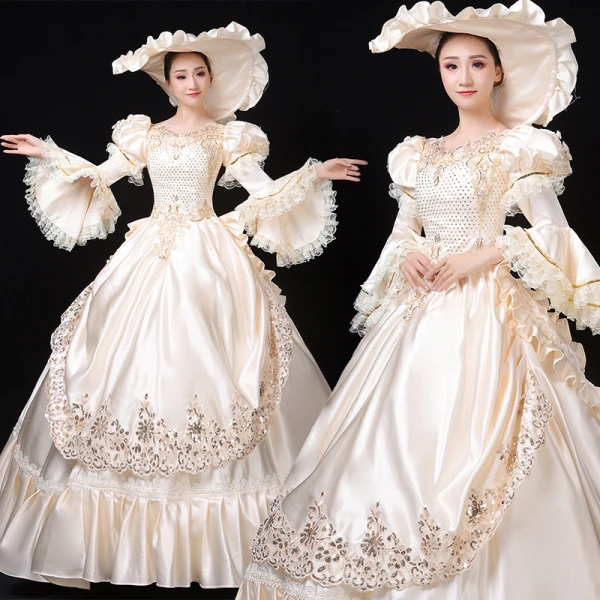 Vintage / Retro Medieval Elegant Ivory Ball Gown Prom Dresses 2021 U-Neck Long Sleeve Floor-Length / Long 3D Lace Beading Sequins Handmade Cosplay Prom Formal Dresses