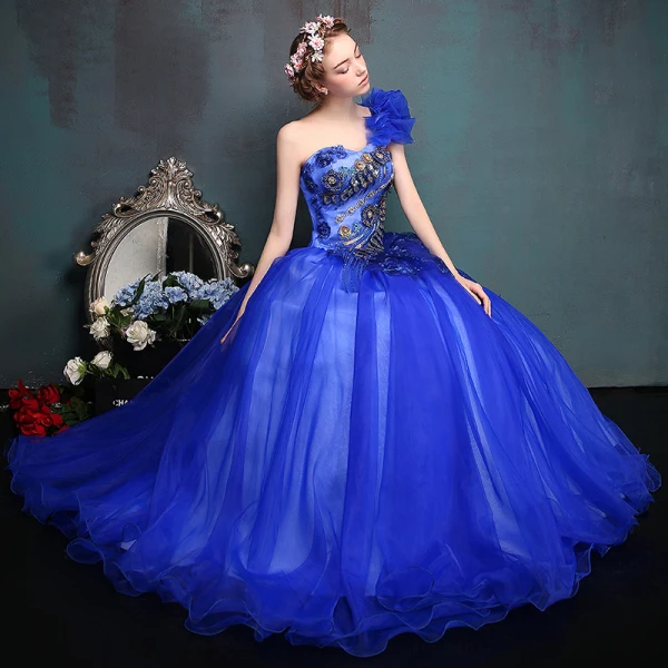 Affordable Royal Blue Prom Dresses 2017 Tulle One-Shoulder Ball Gown Appliques Backless Beading Prom Formal Dresses