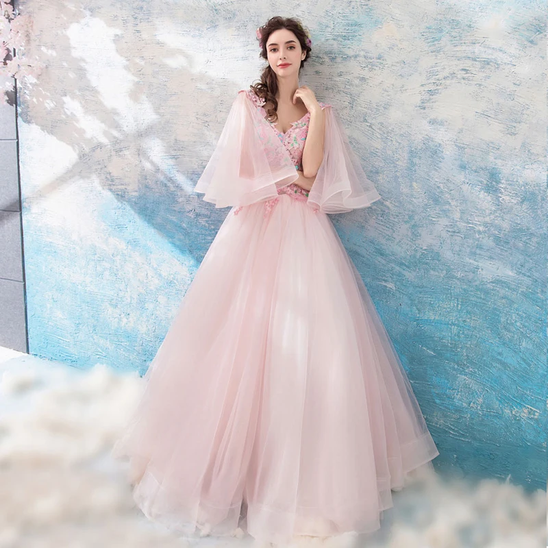 Chic Beautiful Pearl Pink Prom Dresses 2018 A Line Princess Floor Length  Long V Neck Tulle Appliques Backless Beading Prom Formal Dresses