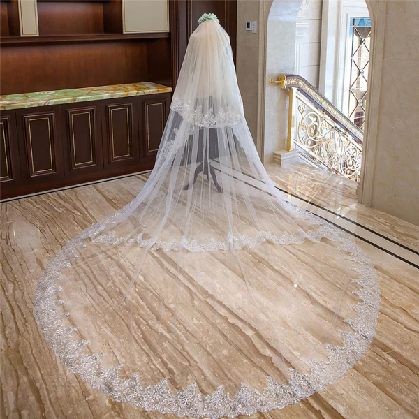 Luxury / Gorgeous White Royal Train Wedding Lace Tulle Appliques 4 m Wedding Veils 2018