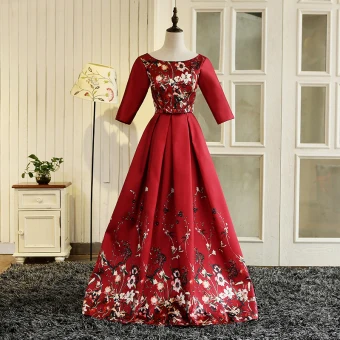 Chic Beautiful Red Floor Length Long Evening Dresses 2018 A Line Princess U Neck Charmeuse Printing Evening Party Prom Dresses